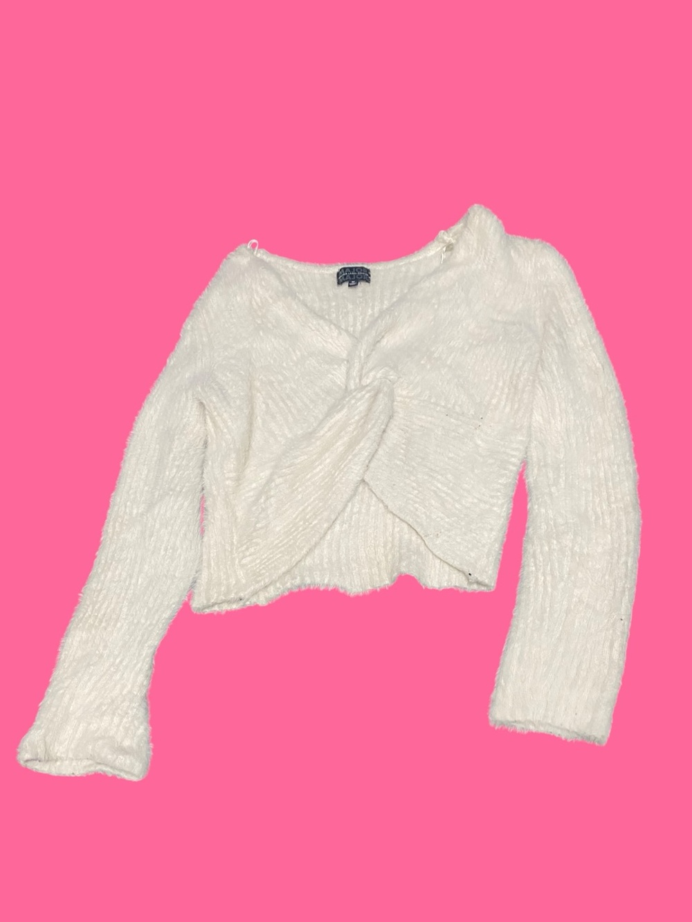 White Cropped Fuzzy Ribbed Sweater